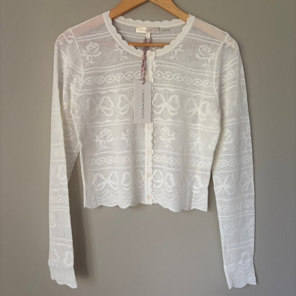 NWT Loveshackfancy Gretta Pointelle Knit Bow Cardigan Ivory White | S - Picture 7 of 13
